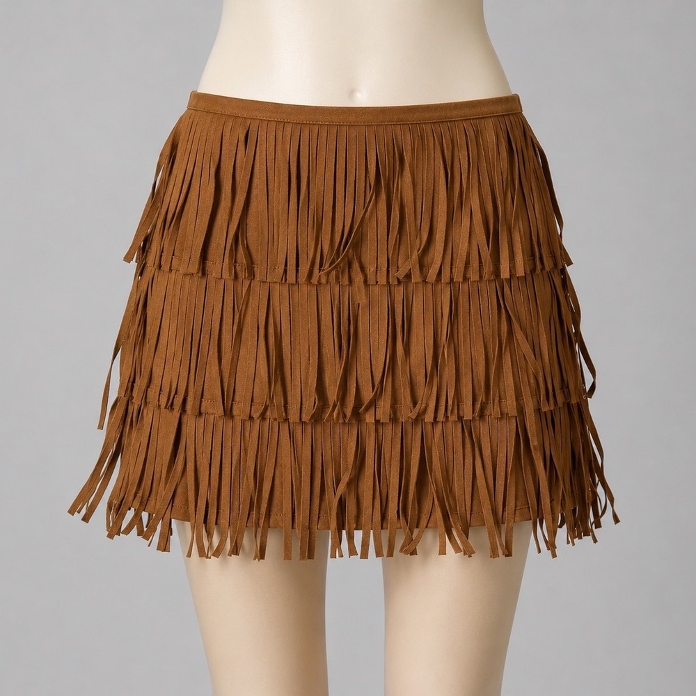 Universal Thread Brown Faux Suede Fringe‎ Mini Skirt Womens 10 Western Boho New